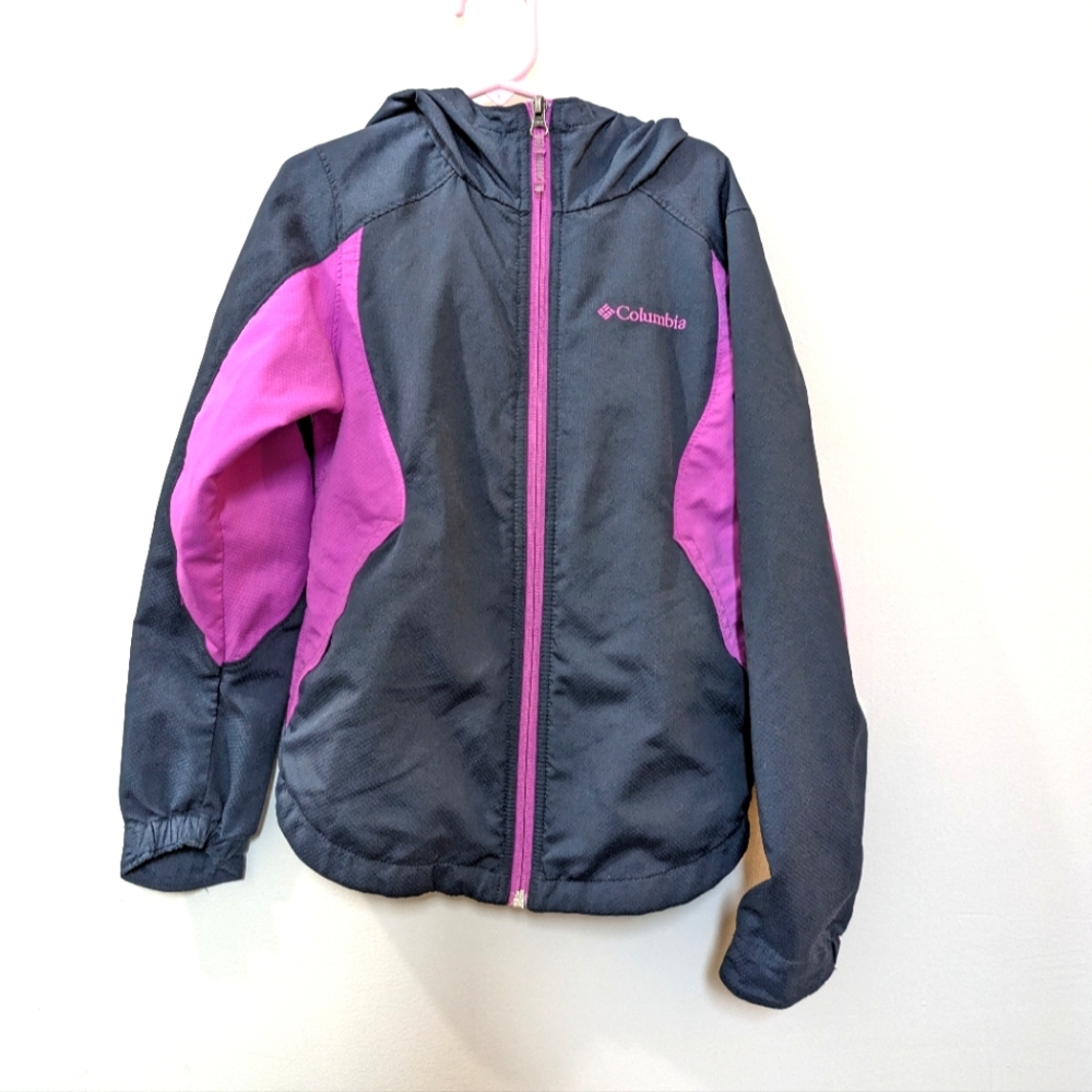 Columbia Hooded Windbreaker Jacket Coat Girls Small 7/8 Navy Blue Hot Pink